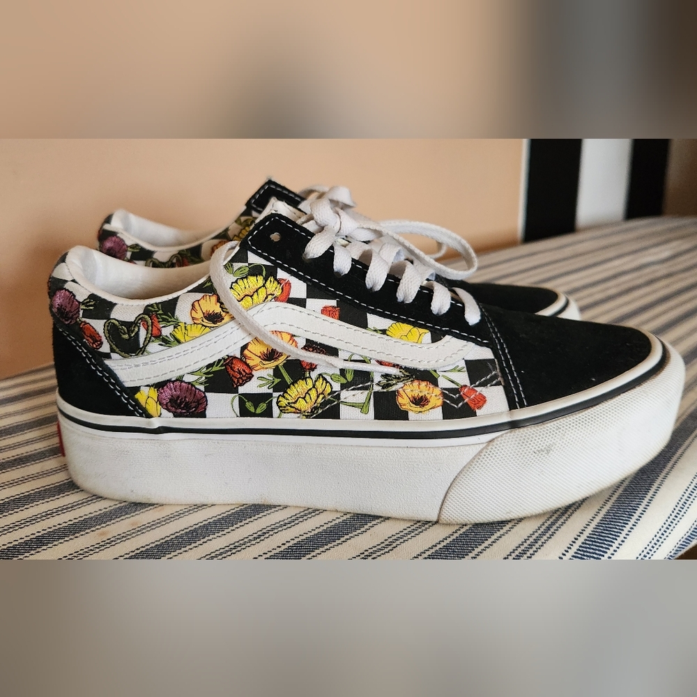 Vans Floral Checkerboard Low-Top Sneakers - Black, White, Yellow, Pink, Orange